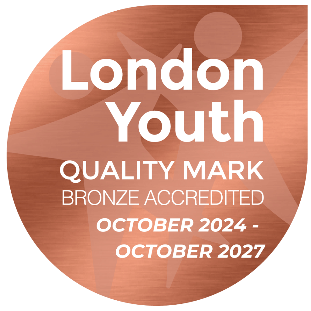 A bronze oval with the text: London Youth Quality Mark, Bronze Accepted, October 2024 - October 2027