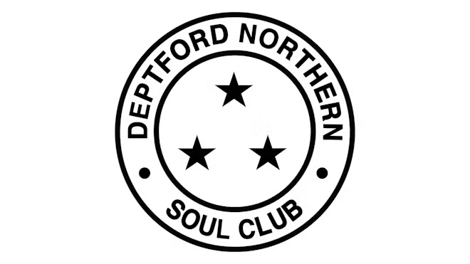 A black logo on a white background. In a circle are three stars and around the edge the words Deptford Northern Soul Club.