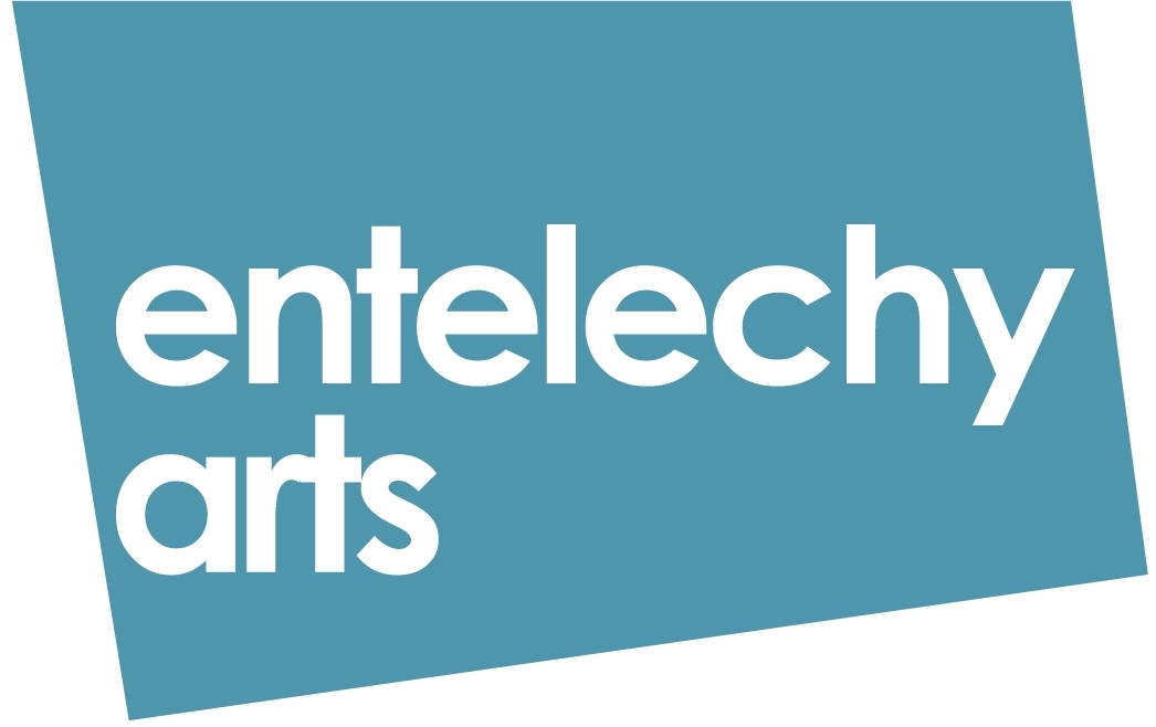 entelechy arts written in white on a teal blue rhombus shape