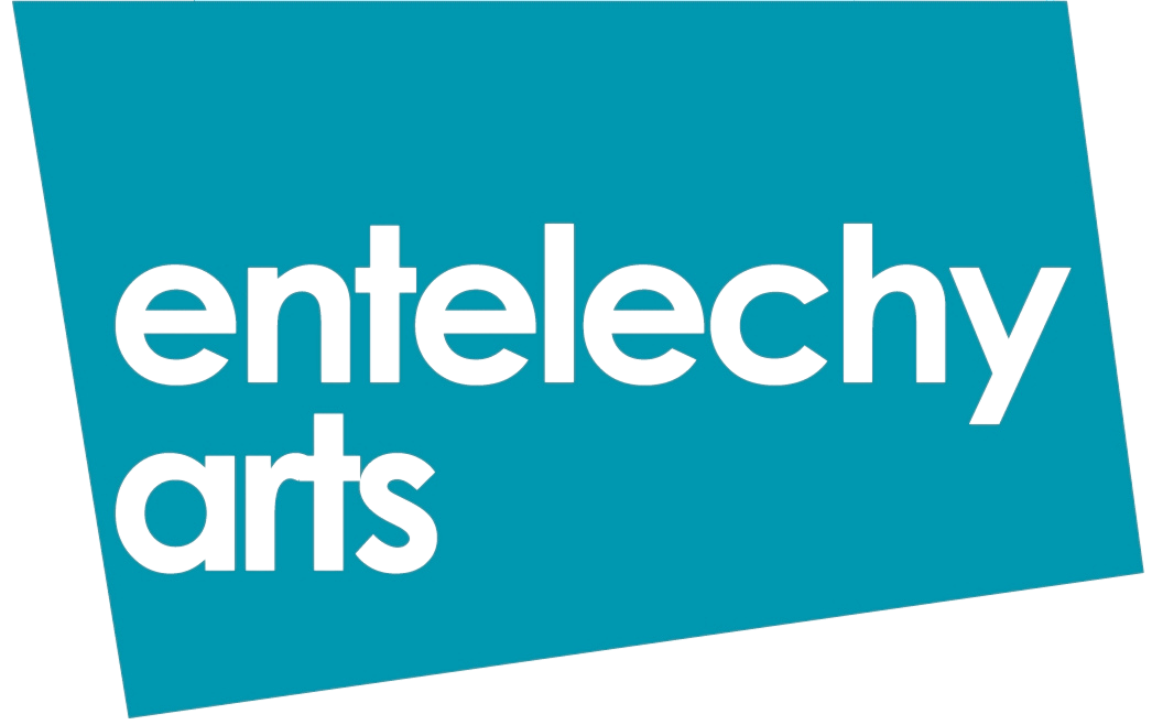 entelechy arts written in white on a teal blue rhombus shape