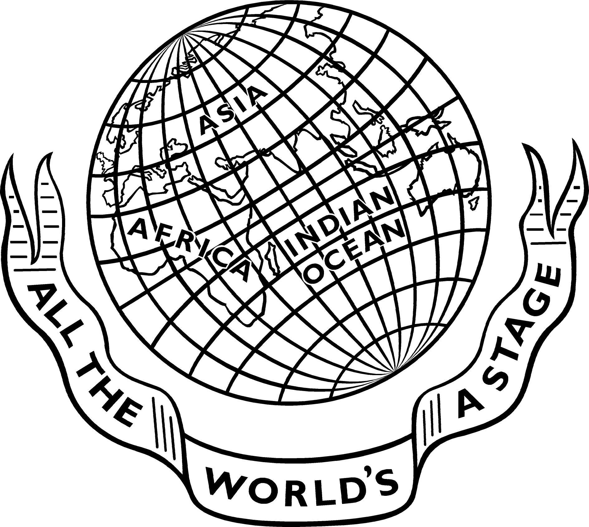 A black a white logo of a globe, with a banner underneath saying 'All the world's a stage'.
