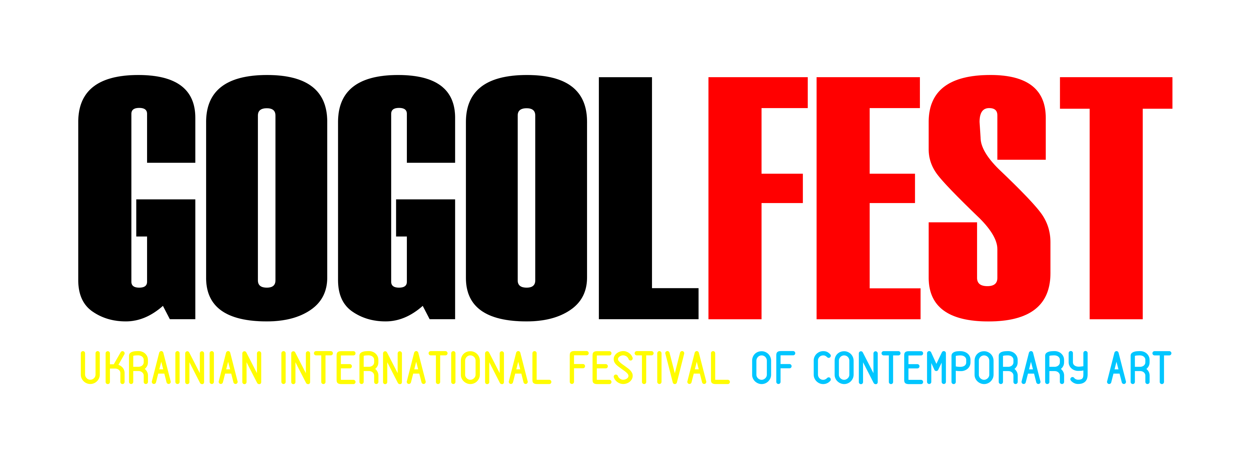 Black and red text reading GogolFest. Underneath is yellow and blue text reading Ukrainian International Festival of Contemporary Art.