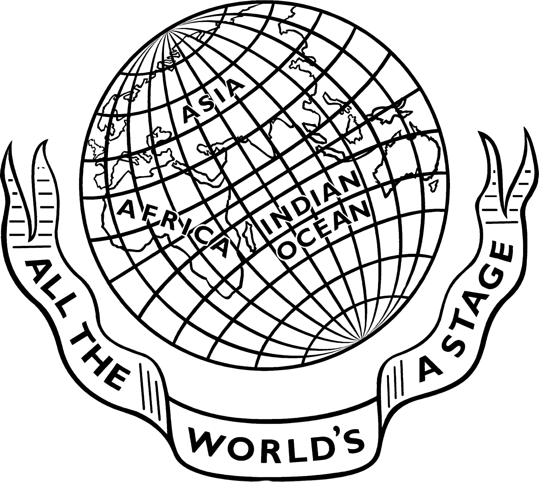 A black a white logo of a globe, with a banner underneath saying 'All the world's a stage'.