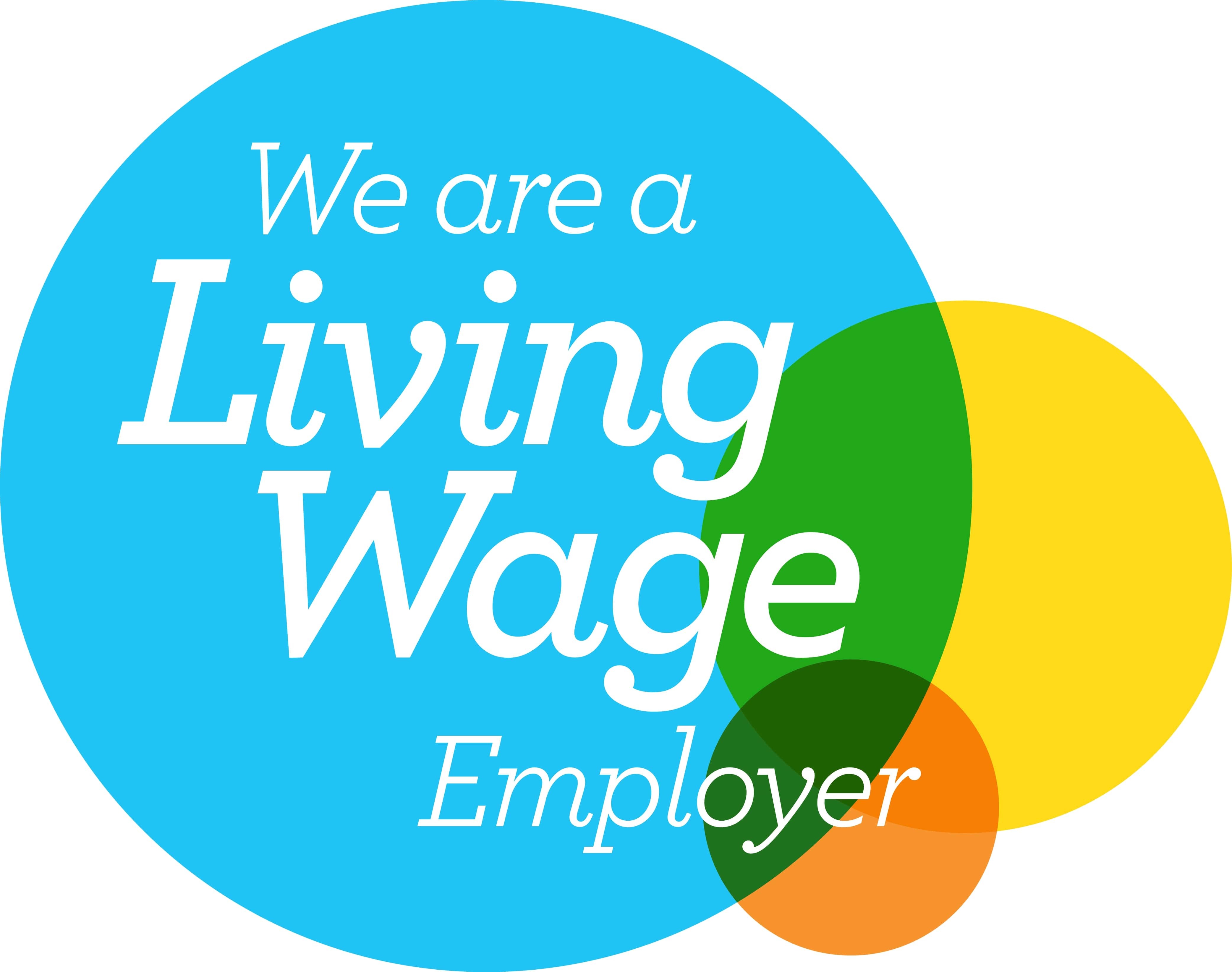 A logo with three overlapping circles - blue, yellow and orange. The largest circle is blue and has white text that reads: We are a Living Wage Employer.