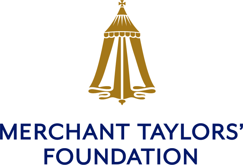 A gold bell with blue text that reads: Merchant Taylor's Foundation