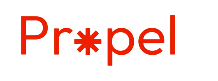 Logo for Propel, red text with an asterisk in place of the ‘o’