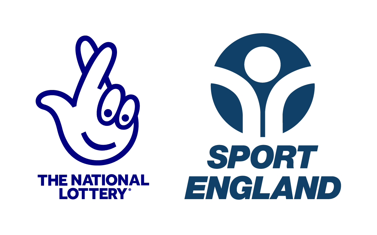 Two blue logos placed next to each other. The first is a pair of crossed fingers with eyes and a smiley face and the text 'The National Lottery'. The second is a graphic of a person with outstretched arms on a blue background with the text 'Sport England'