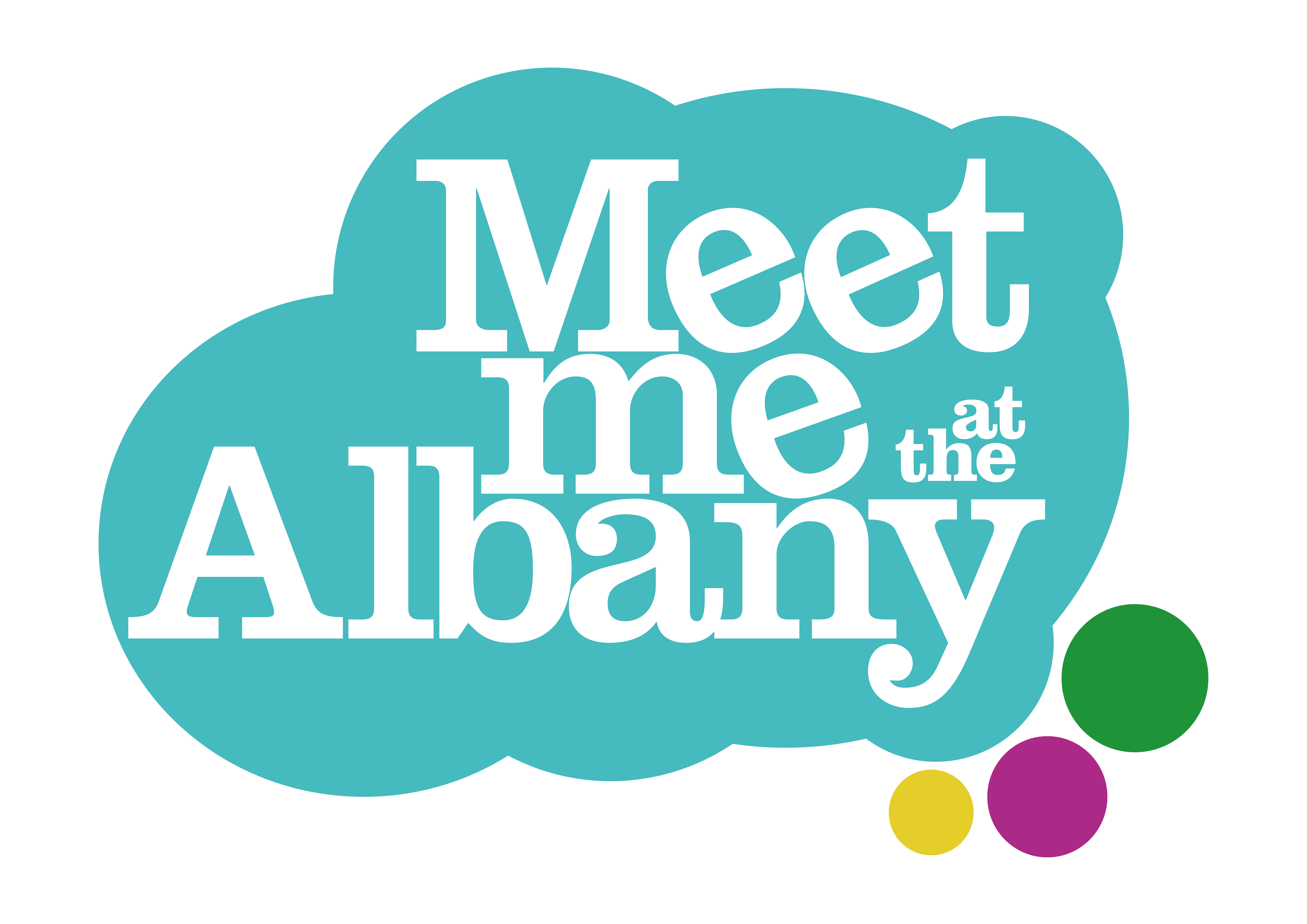 A blue bubble shaped logo with the words Meet me at the Albany in the middle and three dots in green, pink and yellow on the bottom right corner