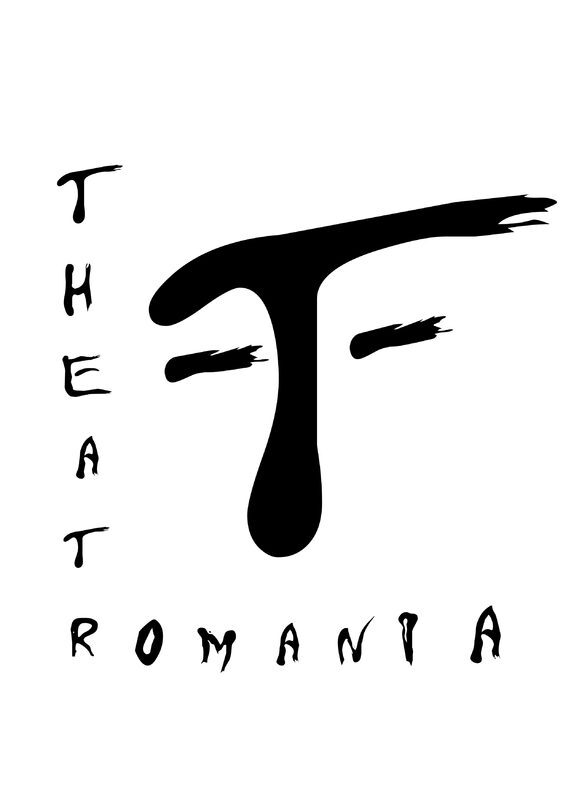 A black logo on white background. A large black handwritten letter 'T' is surrounded by the words TheatRomania to the left and bottom.