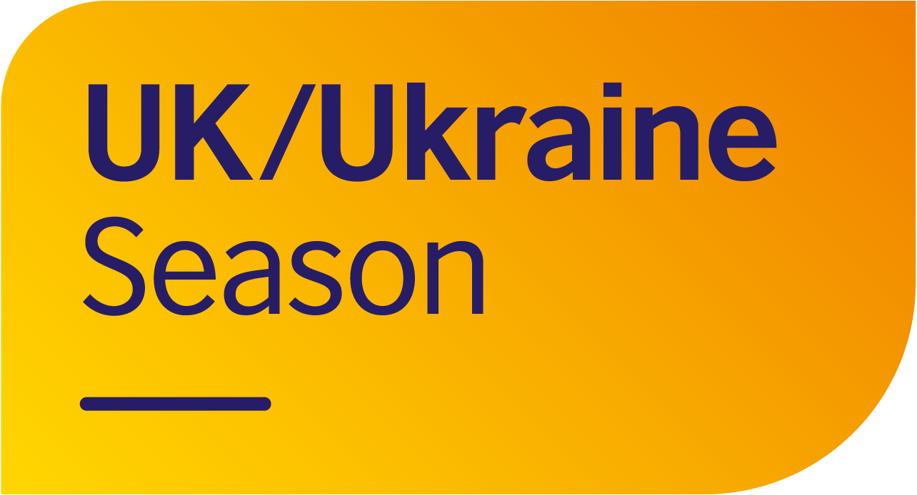 A logo with a yellow box and the text UK/Ukraine Season in blue.