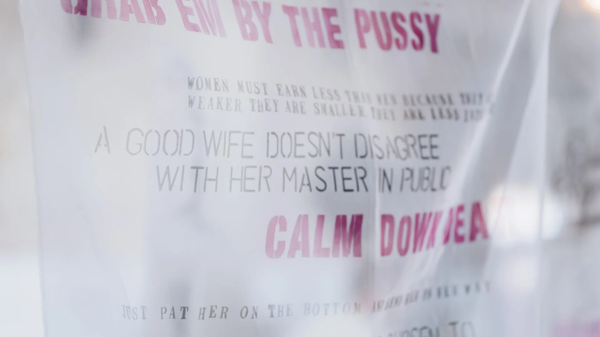 A photo of an artwork print with text on it that reads calm down dear, and a good wife doesn't disagree with her master in public.