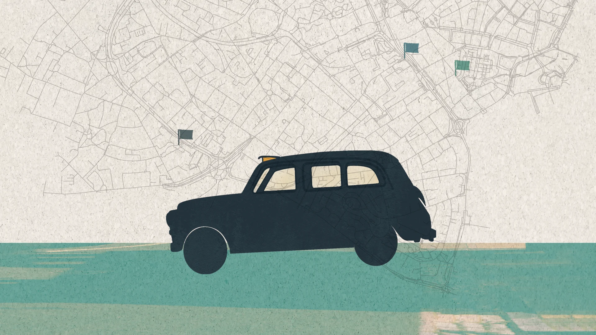 An illustration of a black cab driving along a green floor, with a map of city streets in the background.