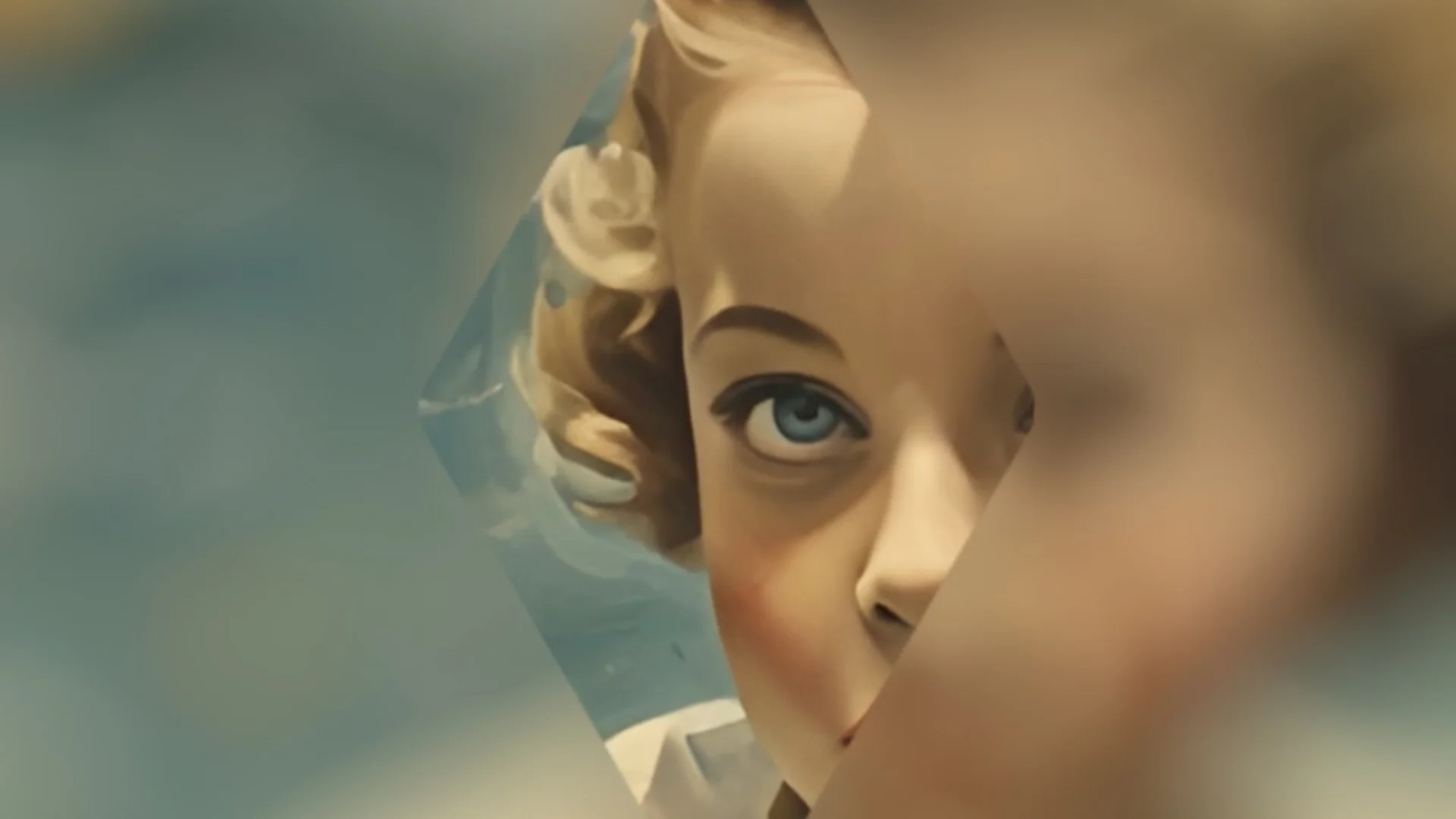 An image of a blonde child is mostly blurred outside a diamond shape, but their piercing blue eye stares watchfully at the viewer, a diamond shape of their face in focus.