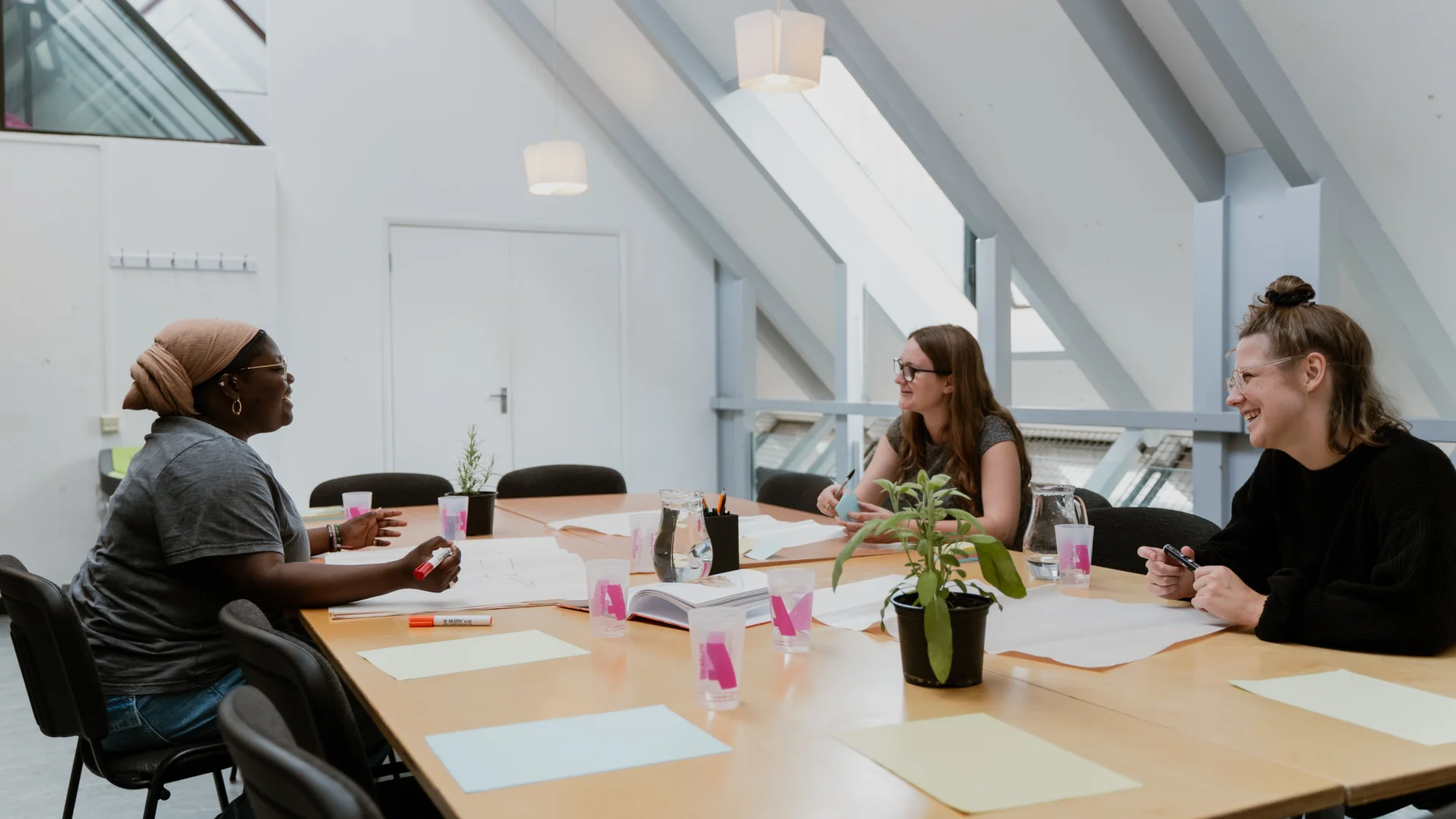 Three women sit around a table having an animated conversation. On the table between them are papers, cups, jugs of water and a pot plant.