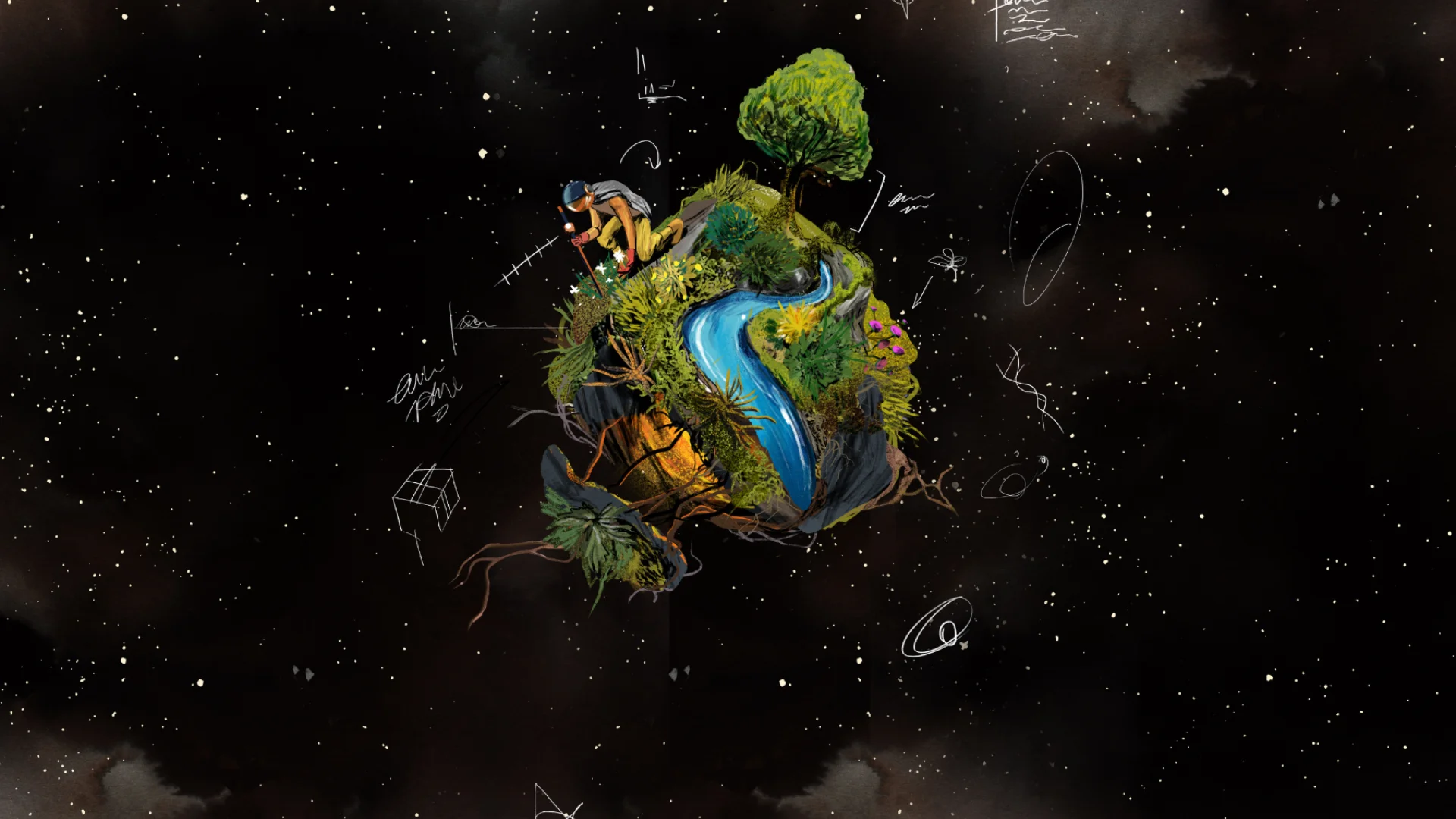 An illustration of a tiny planet in the centre of a dark, starry sky. The planet is green and luscious with a blue river running through it and white satellites orbiting around it. At the top of a person wearing a cape and carrying a wooden stick kneels with their face down.