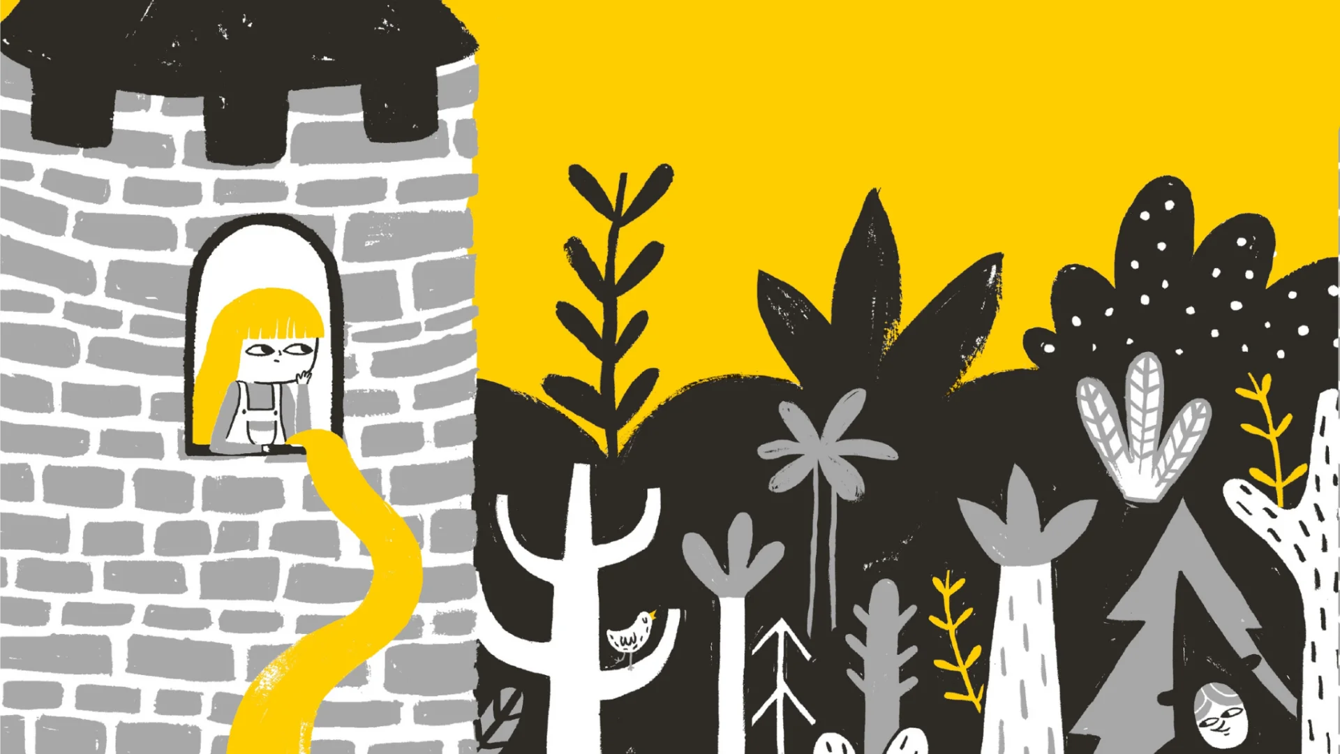 An illustration with a yellow background and black and white drawings. Rapunzel leans out of a pointy turret, with her yellow hair cascading downwards. The turret is surrounded by black, white and grey trees.