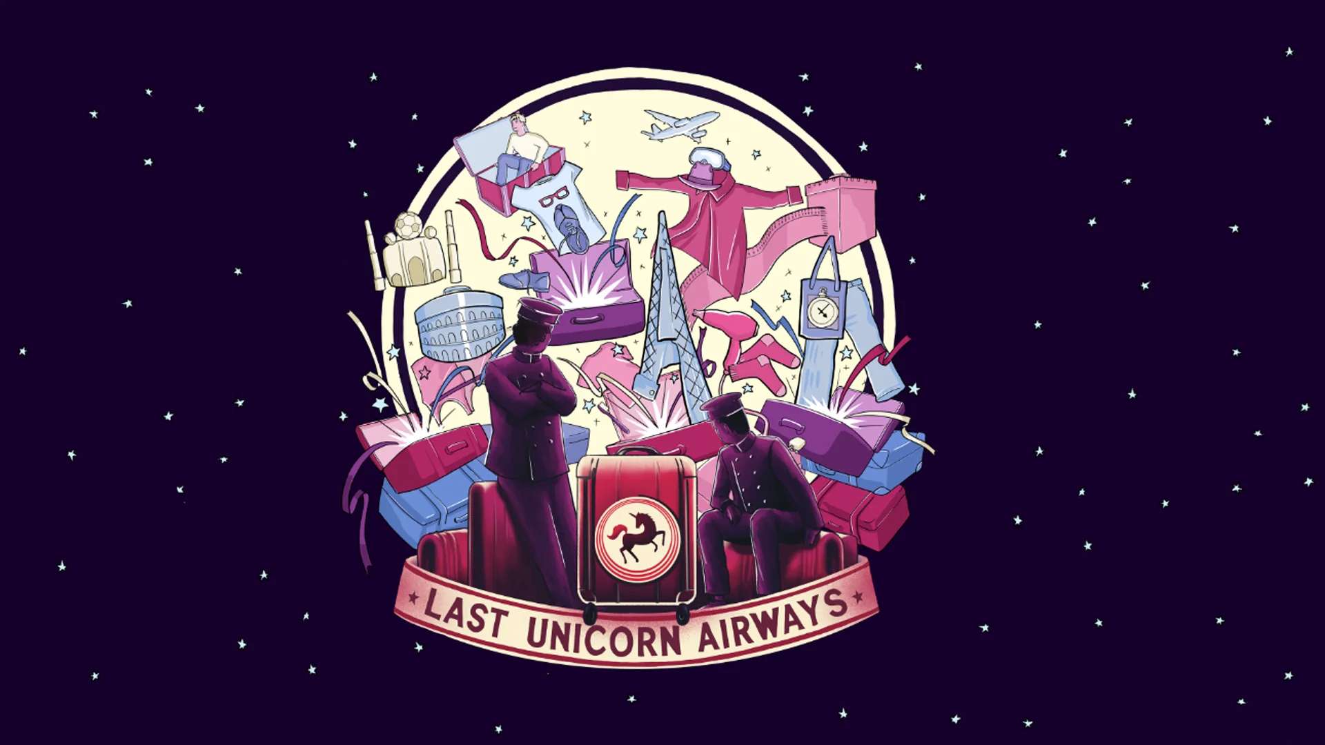 An illustration of two travellers sat on a pile of suitcases, with the Eiffel tower, Great Wall of China, Colosseum, planes and stars behind them. Underneath is a banner reading 'Last Unicorn Airways'.