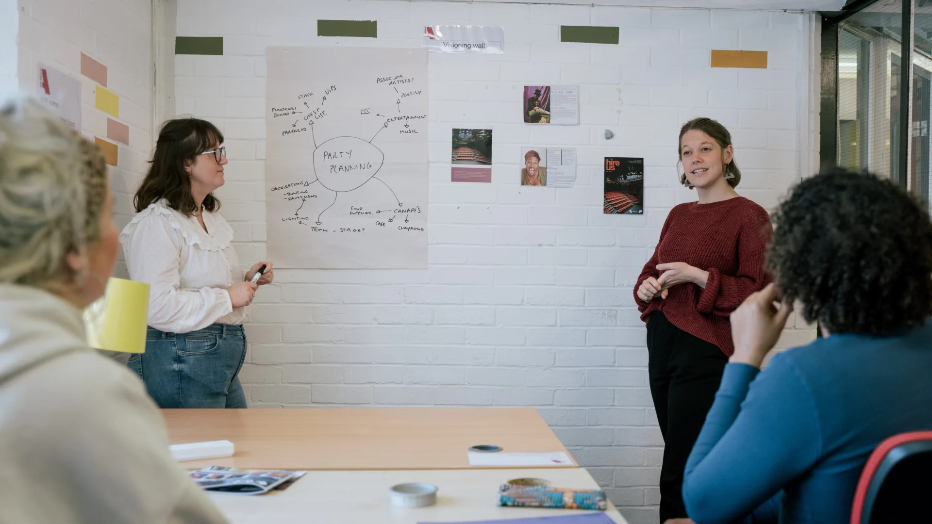 two people standing in front of a wall presenting to a group of gathered people