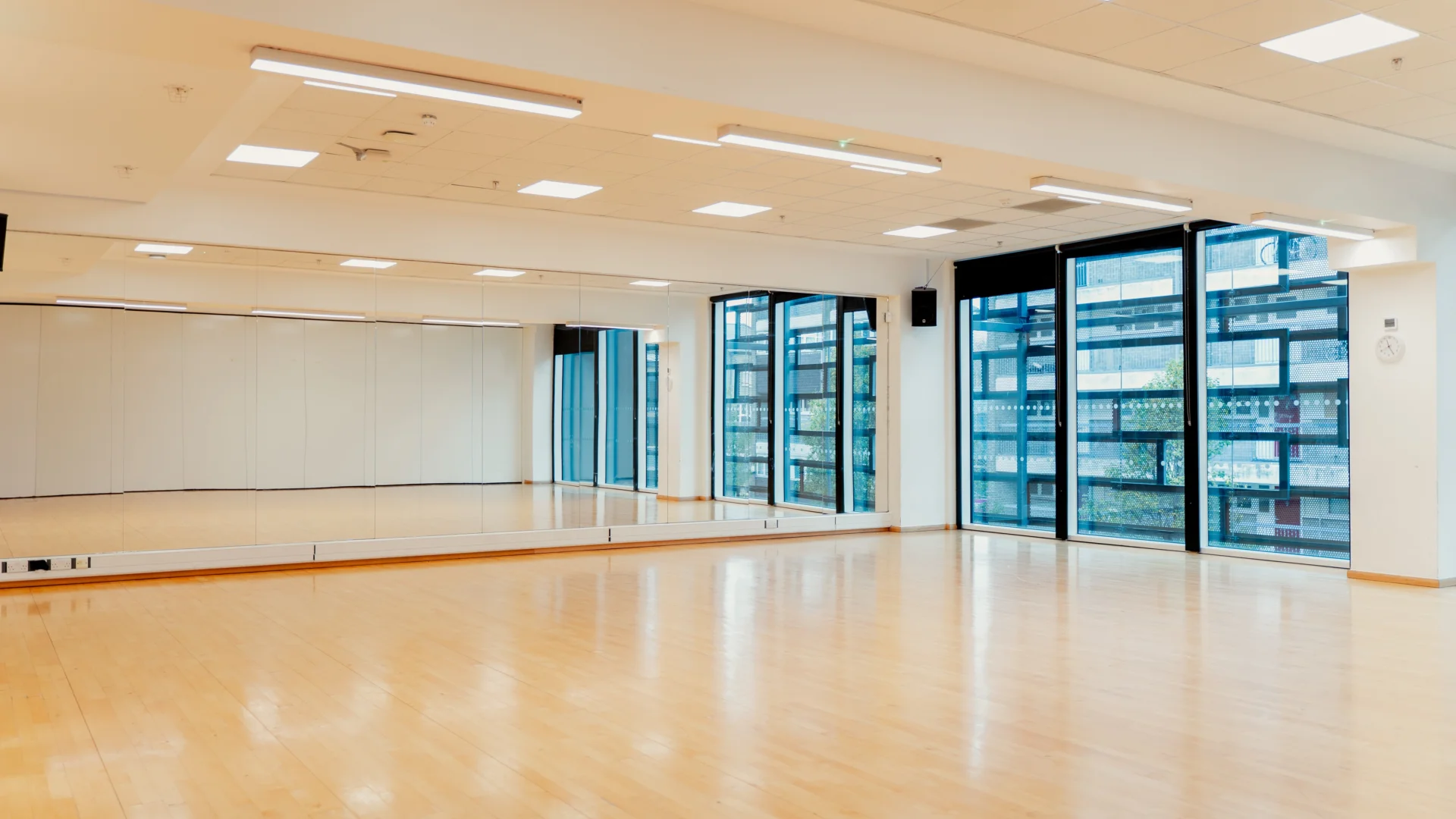 A photo of he studio at Deptford Lounge. It is a light space with wooden floor, white walls, floor to ceiling windows and a mirrored wall.