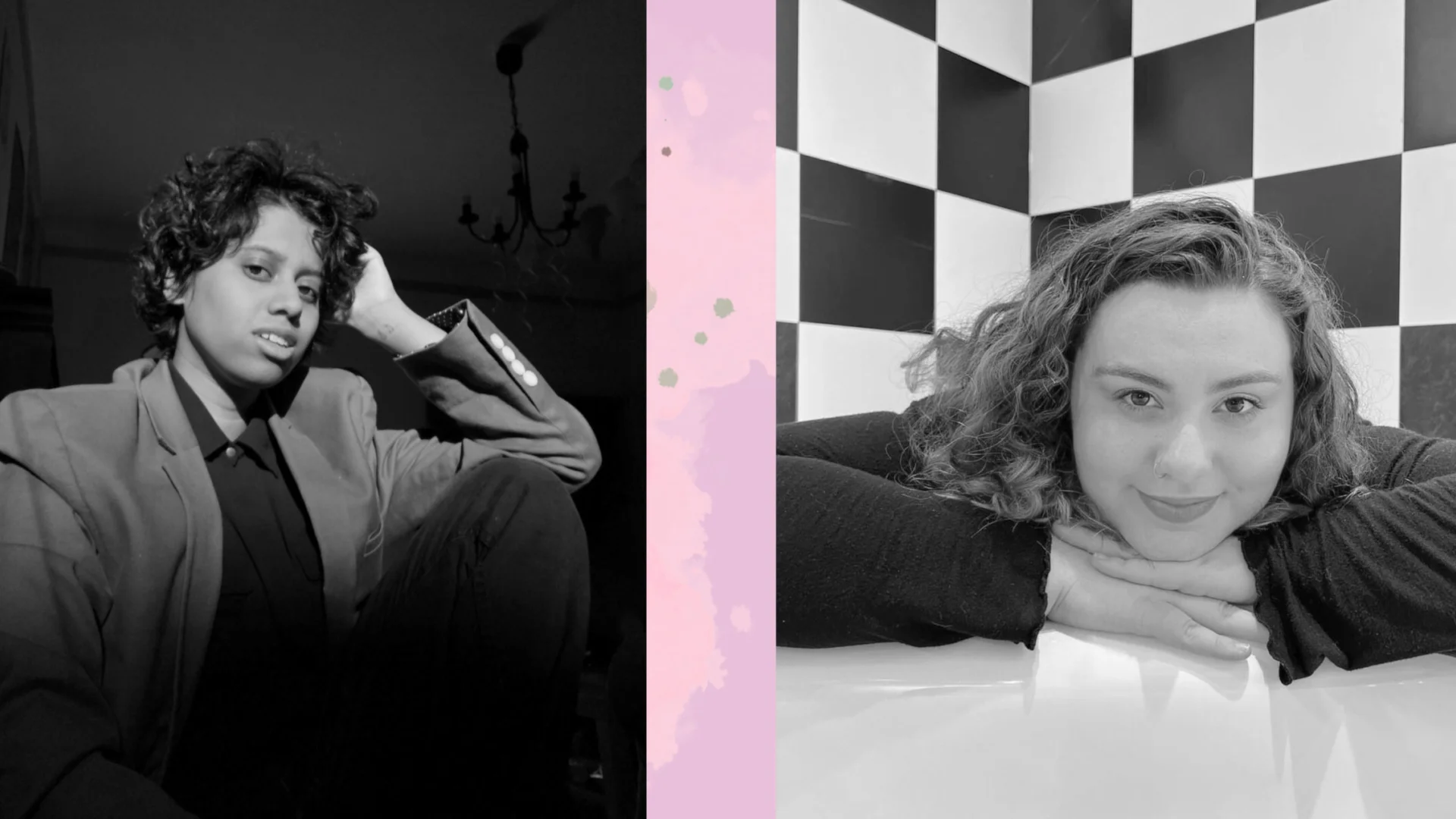 Two black-and-white portraits side by side. Left: Person with short curly hair in a blazer, sitting thoughtfully with their half behind their head and their knee up. Right: Person with curly hair smiling, chin resting on hands against a checkered wall.