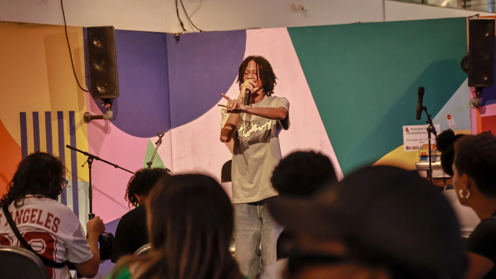 A person with a mic is singing in front of a crowd of people watching