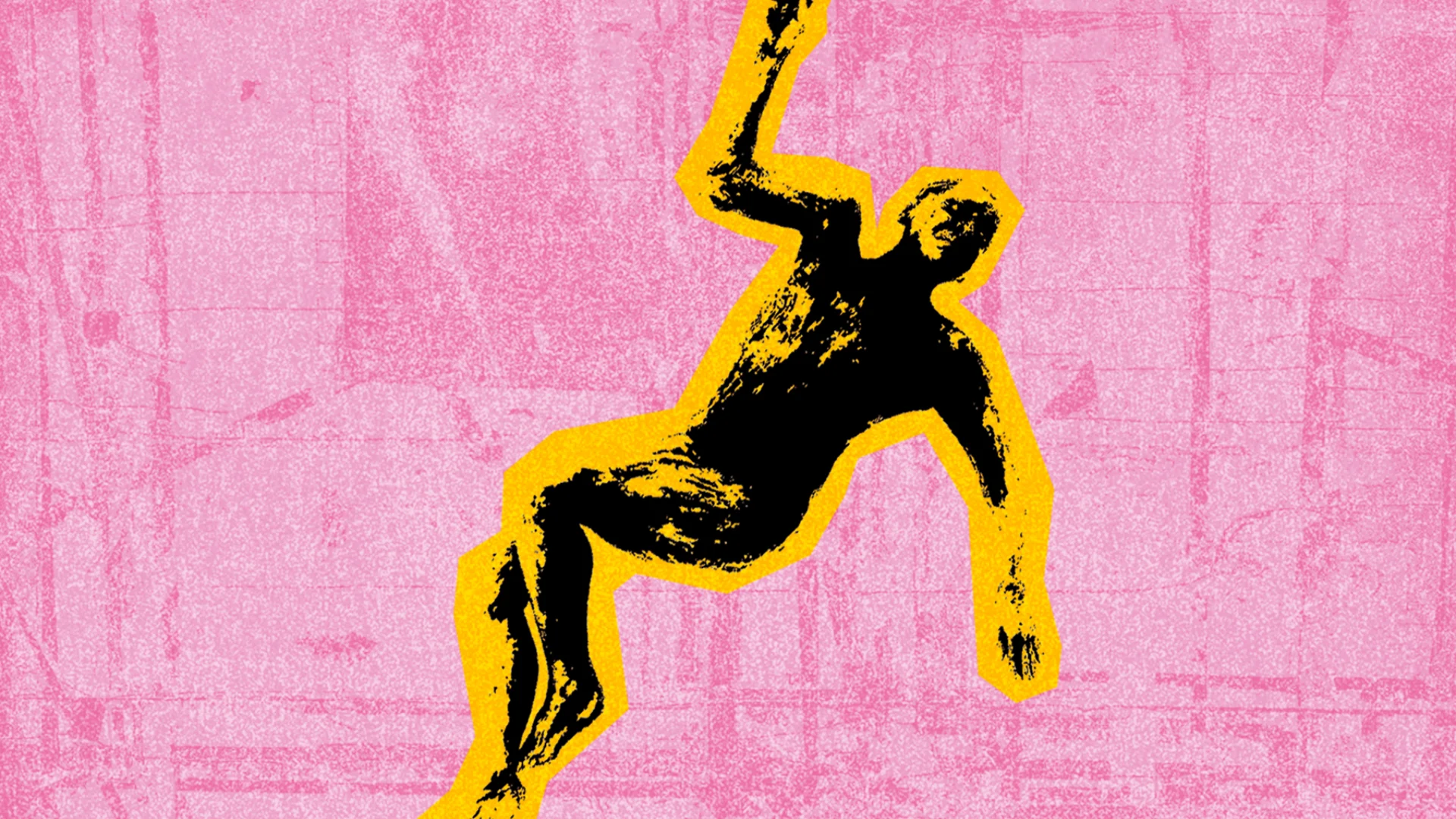 figure displayed on the ground, pink background, yellow outline