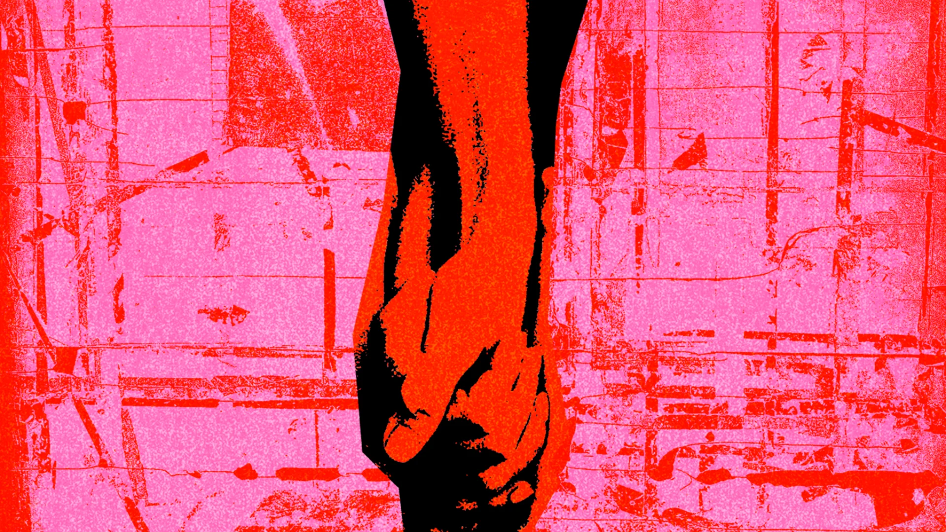Two hands laced together, treated in red and pink