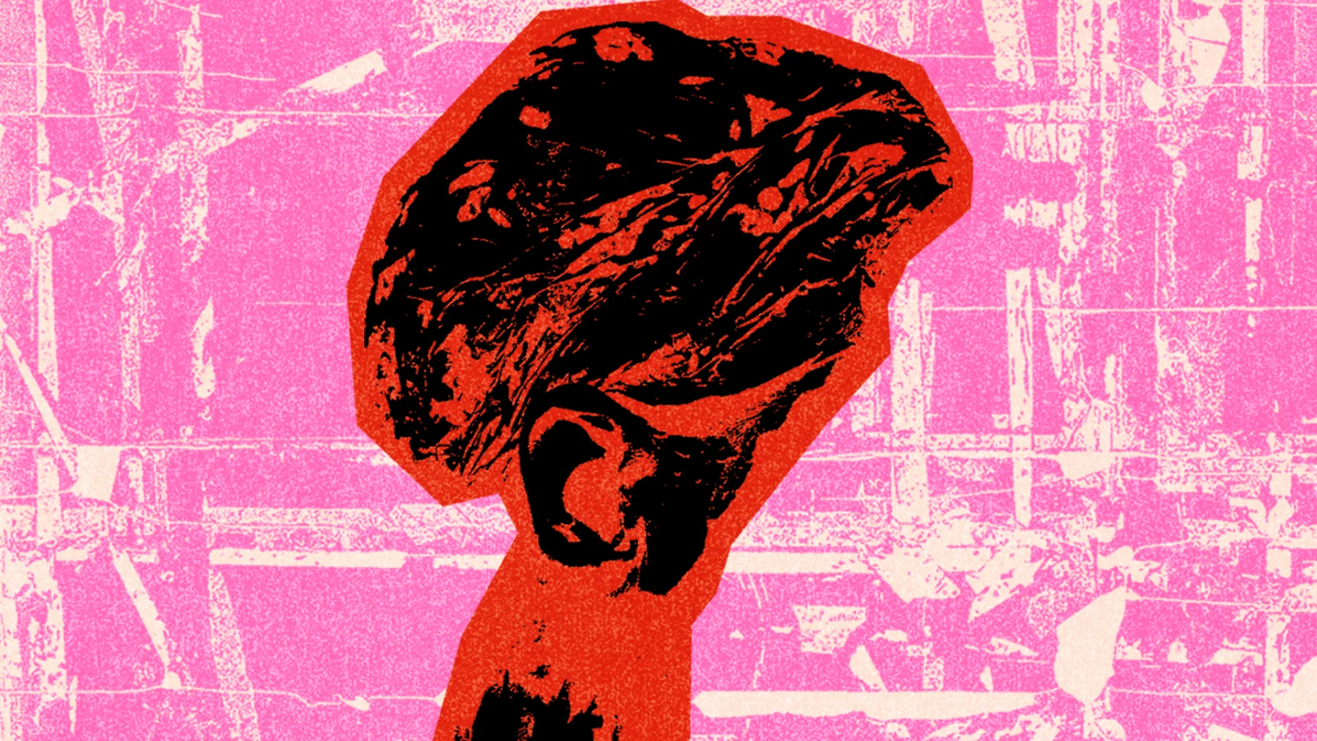 A red shape on a pink background