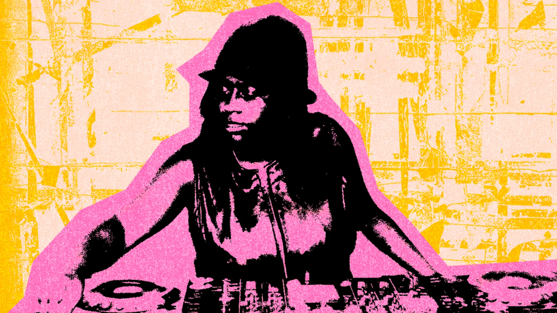A person DJing, pink treatment on a yellow background