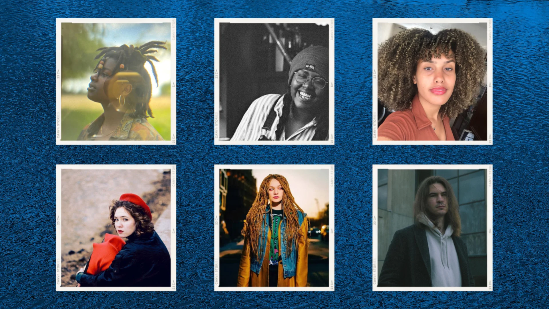 Six photos of artists in square boxes against a white background.