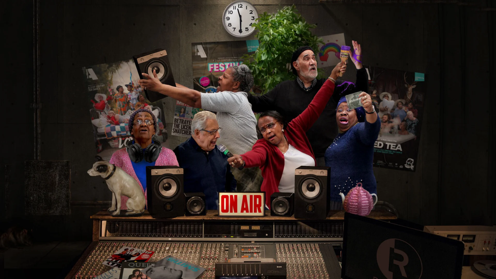 A collage of photos of Meet Me members - men and women over 65 - in a radio studio. There is a big red button saying 'On Air' in the centre.