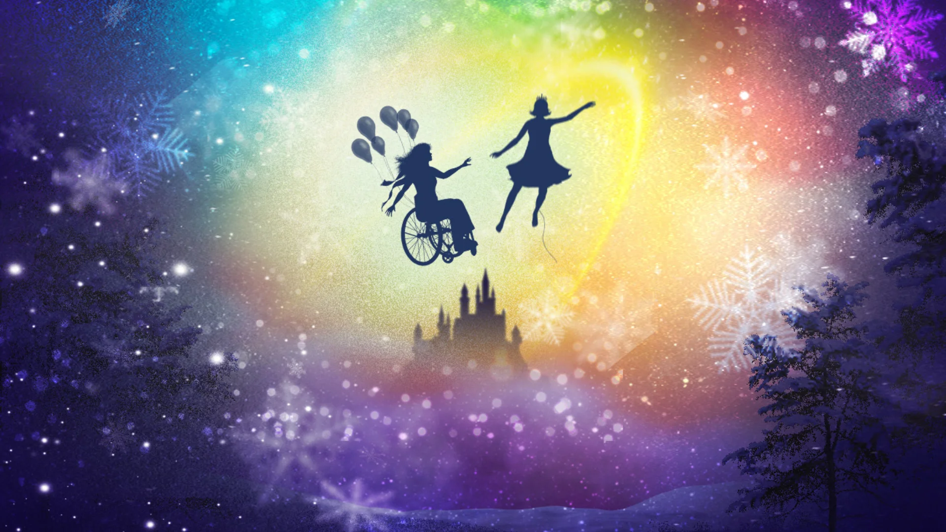 Silhouettes of a girl in a wheelchair holding balloons and another girl flying, set against a vibrant, magical rainbow night sky with a castle, snowflakes, and trees.