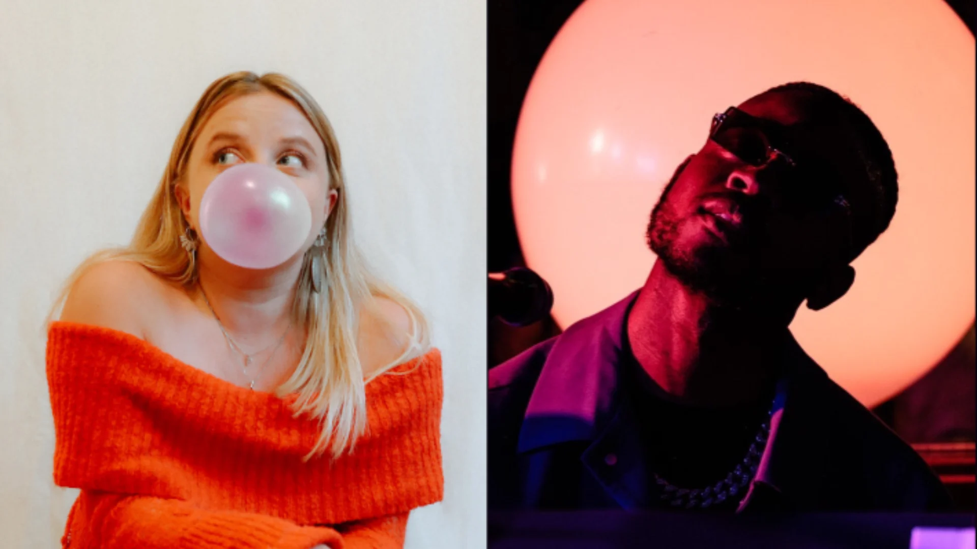Composite image. On the left is a photograph of a blonde woman wearing an orange top and blowing a bubble of pink bubblegum. On the right is a photograph of a black man wearing sunglasses, in shadows and with his head leaning back.