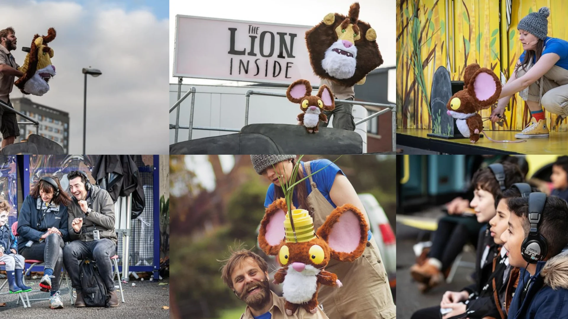 Collage of a theatrical puppet show called "The Lion Inside." Features performers with a large-eared mouse puppet and audiences of children wearing headphones that appear engaged and amused.