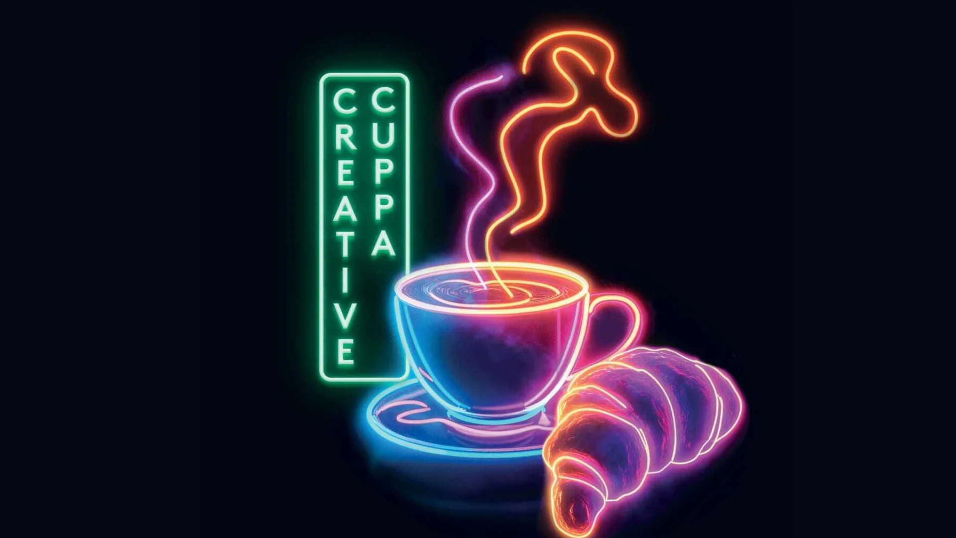 An illustration of a neon sign on a black background. The neon sign says 'Creative Cuppa' in vertical writing, and also includes a steaming mug of coffee and a croissant. The neon colours are green, blue and pink.