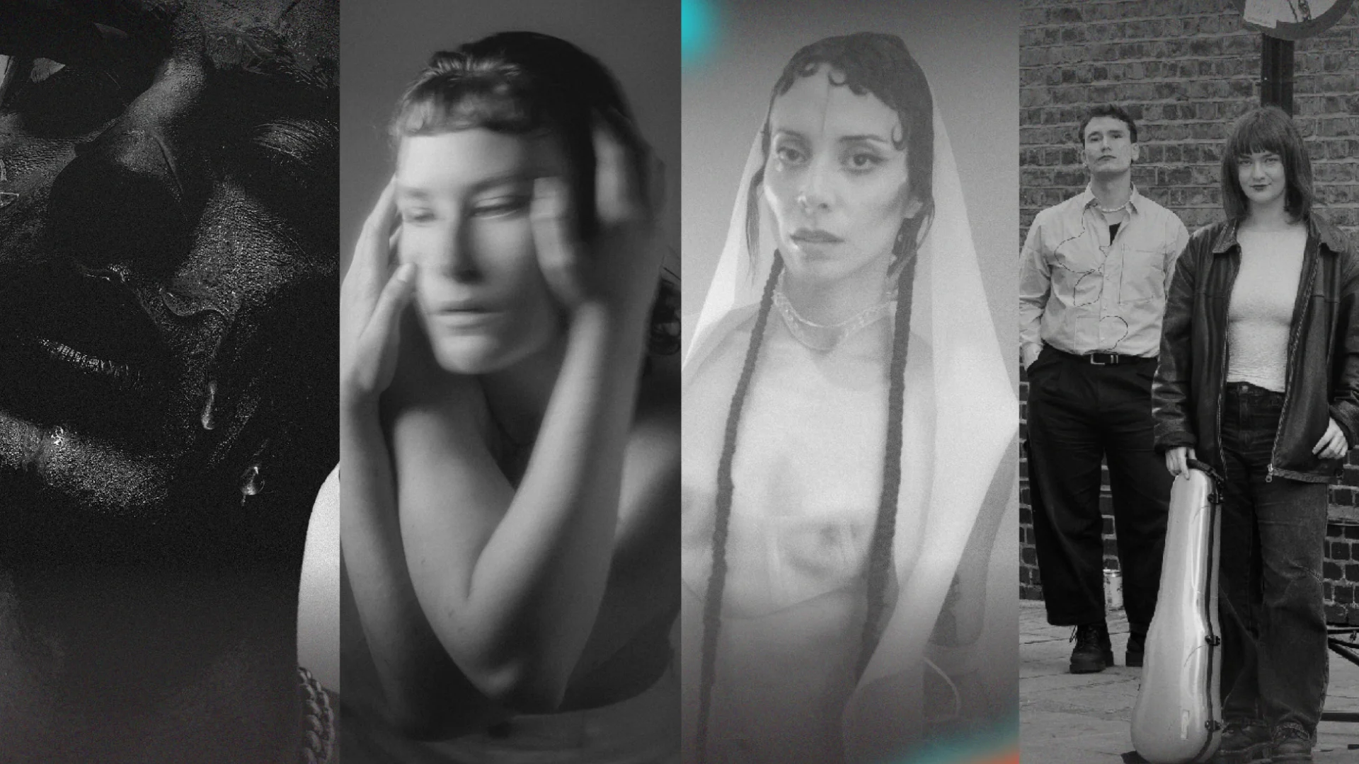 Composite image of four QueerScore artists in black and white