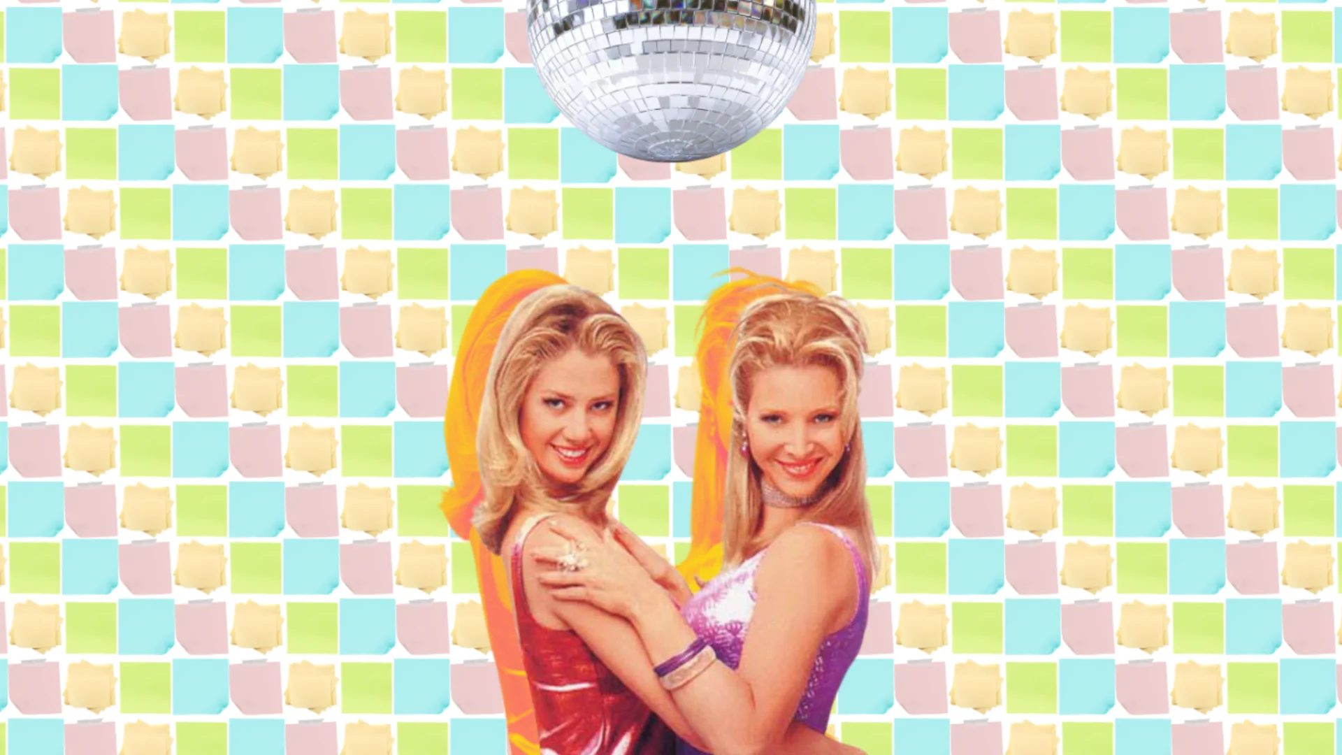 A poster for the film Romy and Michelle's High School Reunion. Two blonde women wearing colourful dresses hug each other and smile at the camera. A disco ball hangs above them.