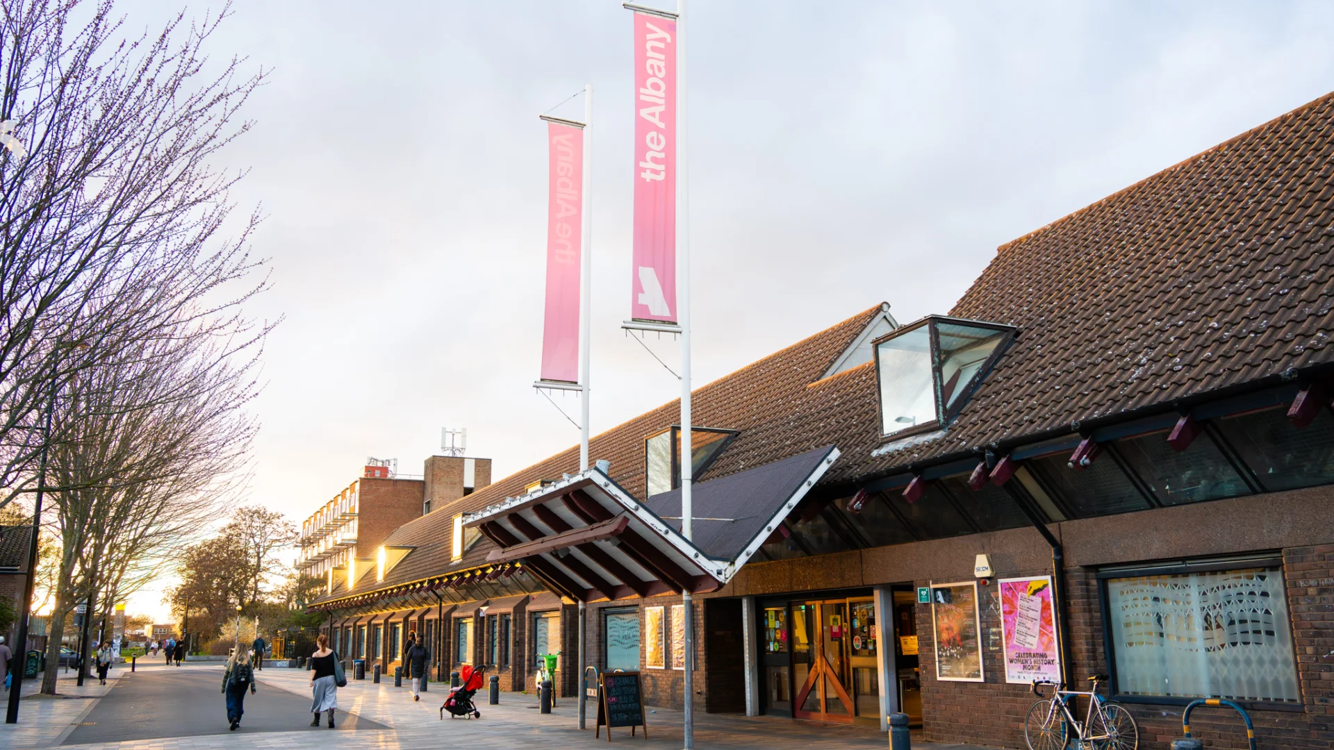 Exterior shot of the Albany as the sun is setting.