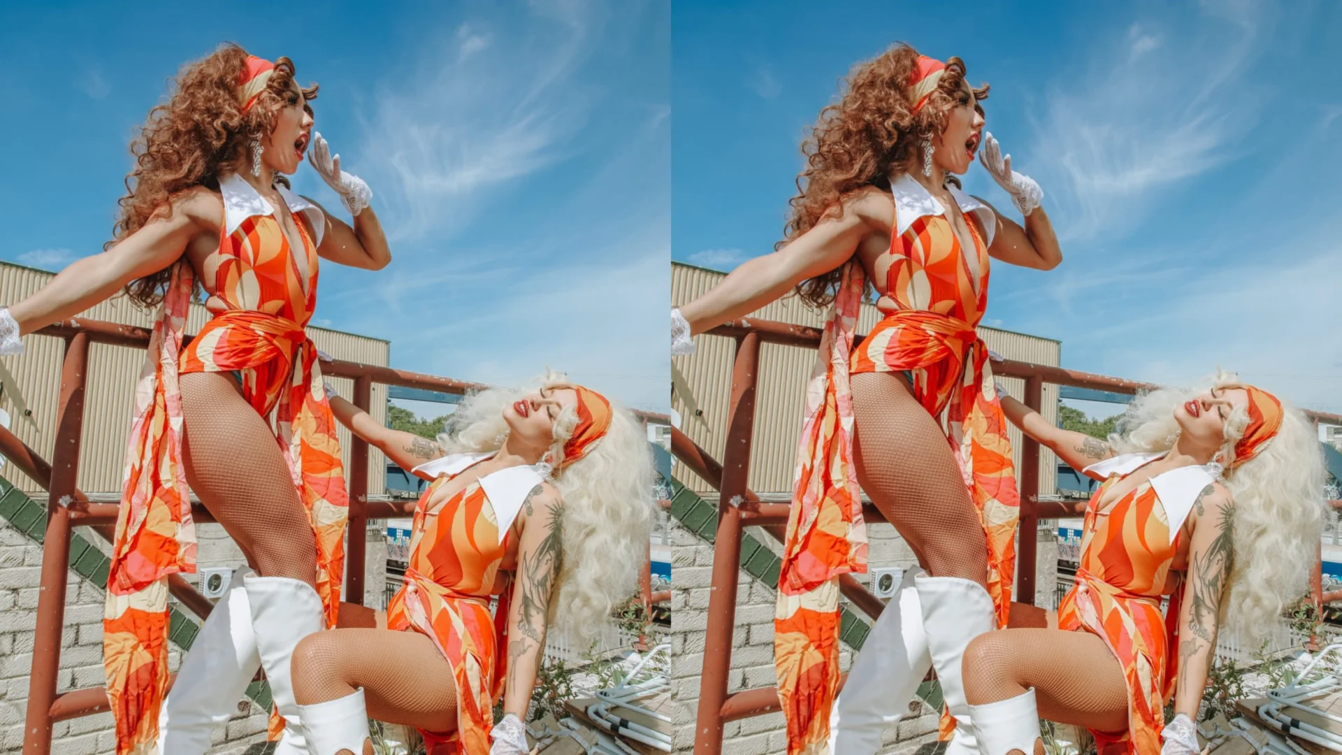 A photo of two women wearing orange and white dresses, white boots and wigs.