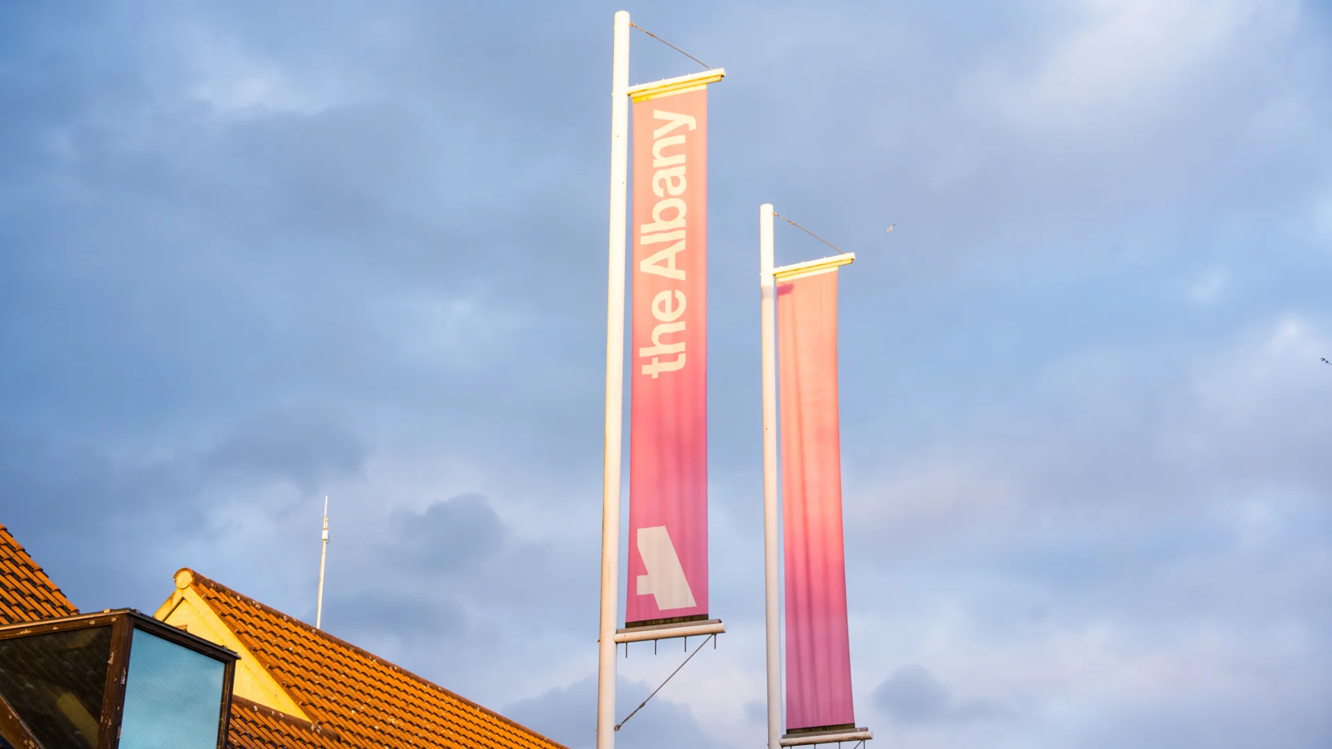 A photo of the pink flags above the Albany entrance, on a cloudy evening.