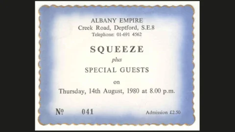 A printed blue and white invitation to attend a gig with Squeeze plus special gusts, on Thursday 14 August 1980 at 8pm.