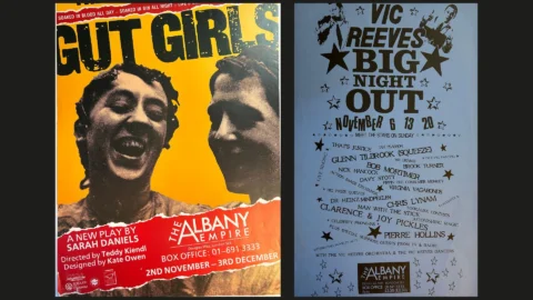 Two vintage posters. On the left, Gut Girls is a bright poster with a black and white photo of two young women laughing and a yellow background. On the right is a blue poster with black text advertising Vic Reeves' Big Night Out.