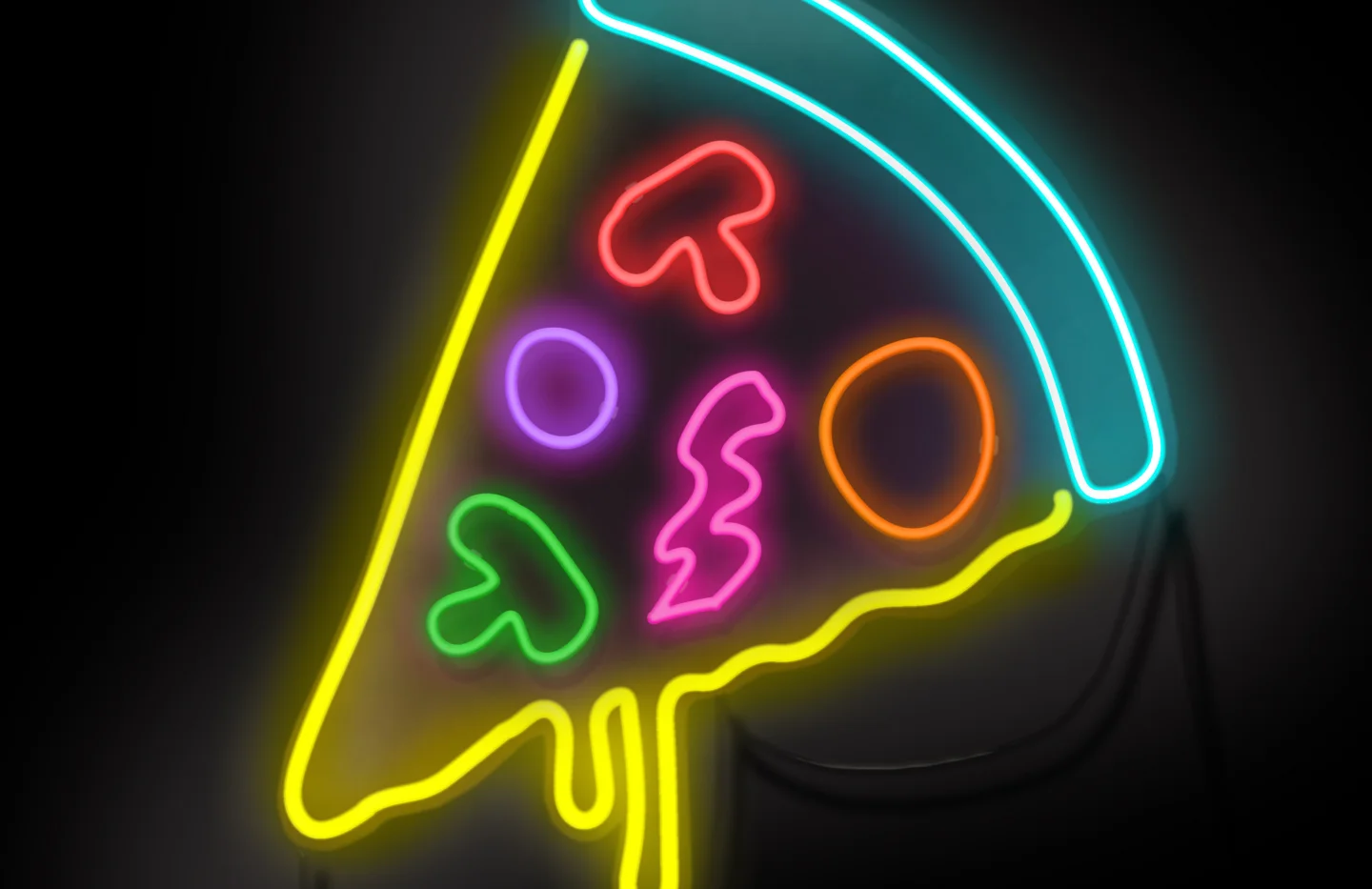 A logo depicting a pizza slice in the style of neon lights