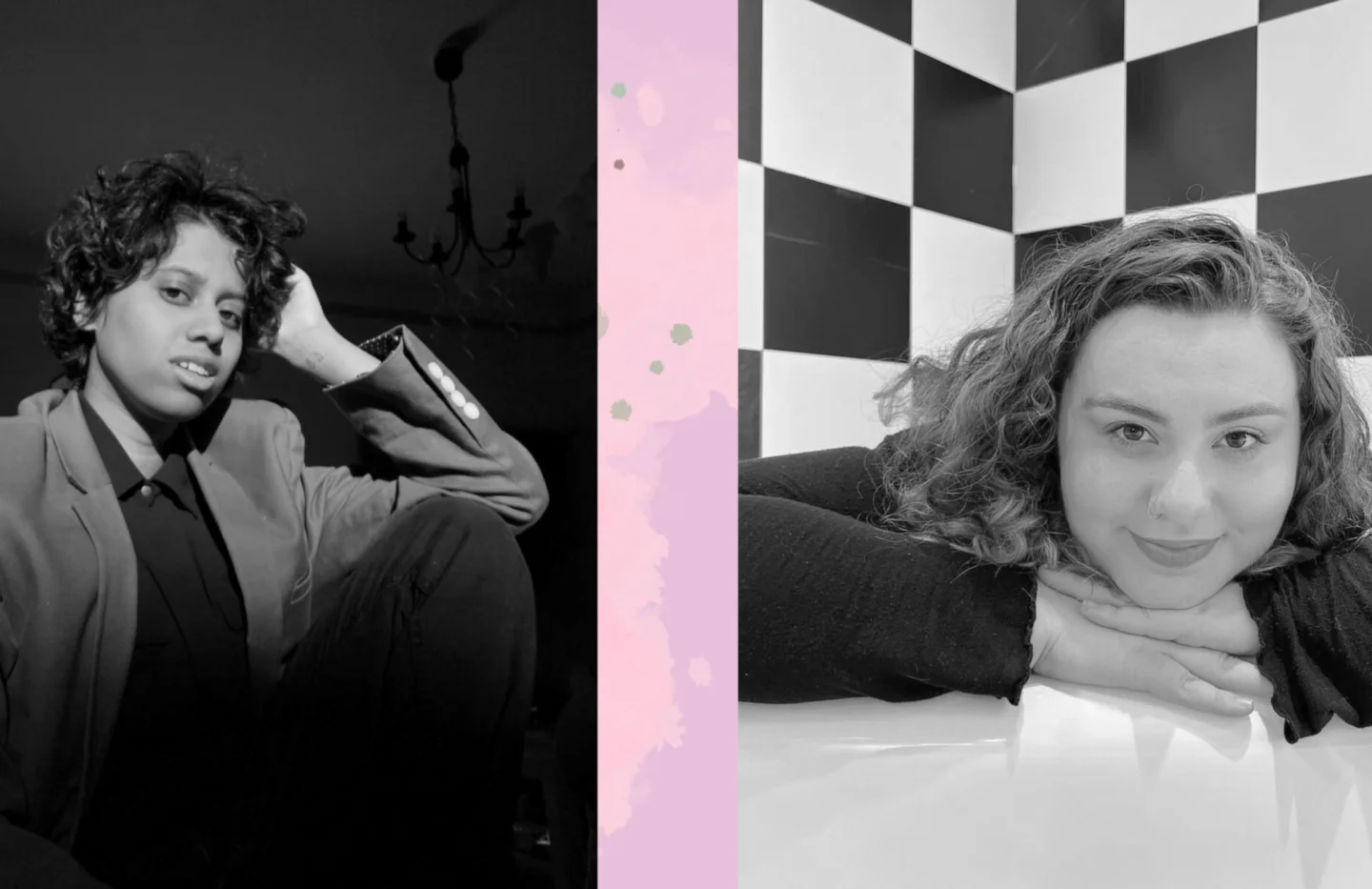 Two black-and-white portraits side by side. Left: Person with short curly hair in a blazer, sitting thoughtfully with their half behind their head and their knee up. Right: Person with curly hair smiling, chin resting on hands against a checkered wall.