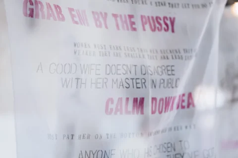 A photo of an artwork print with text on it that reads calm down dear, and a good wife doesn't disagree with her master in public.