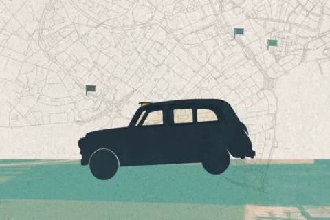 An illustration of a black cab driving along a green floor, with a map of city streets in the background.