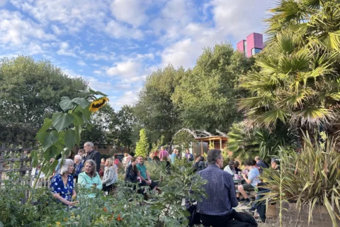 A photo of the Albany garden on a sunny summer evening. There is a large sunflower in the forefront of the image and behind are lots of people sat around chatting and drinking.