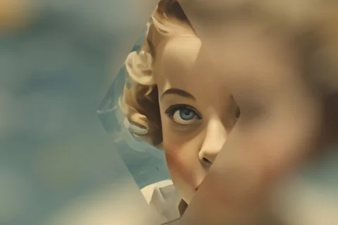 An image of a blonde child is mostly blurred outside a diamond shape, but their piercing blue eye stares watchfully at the viewer, a diamond shape of their face in focus.