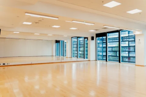 A photo of a dance studio with wooden floors and a mirrored wall. It is light and spacious.