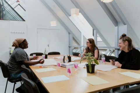 Three women sit around a table having an animated conversation. On the table between them are papers, cups, jugs of water and a pot plant.